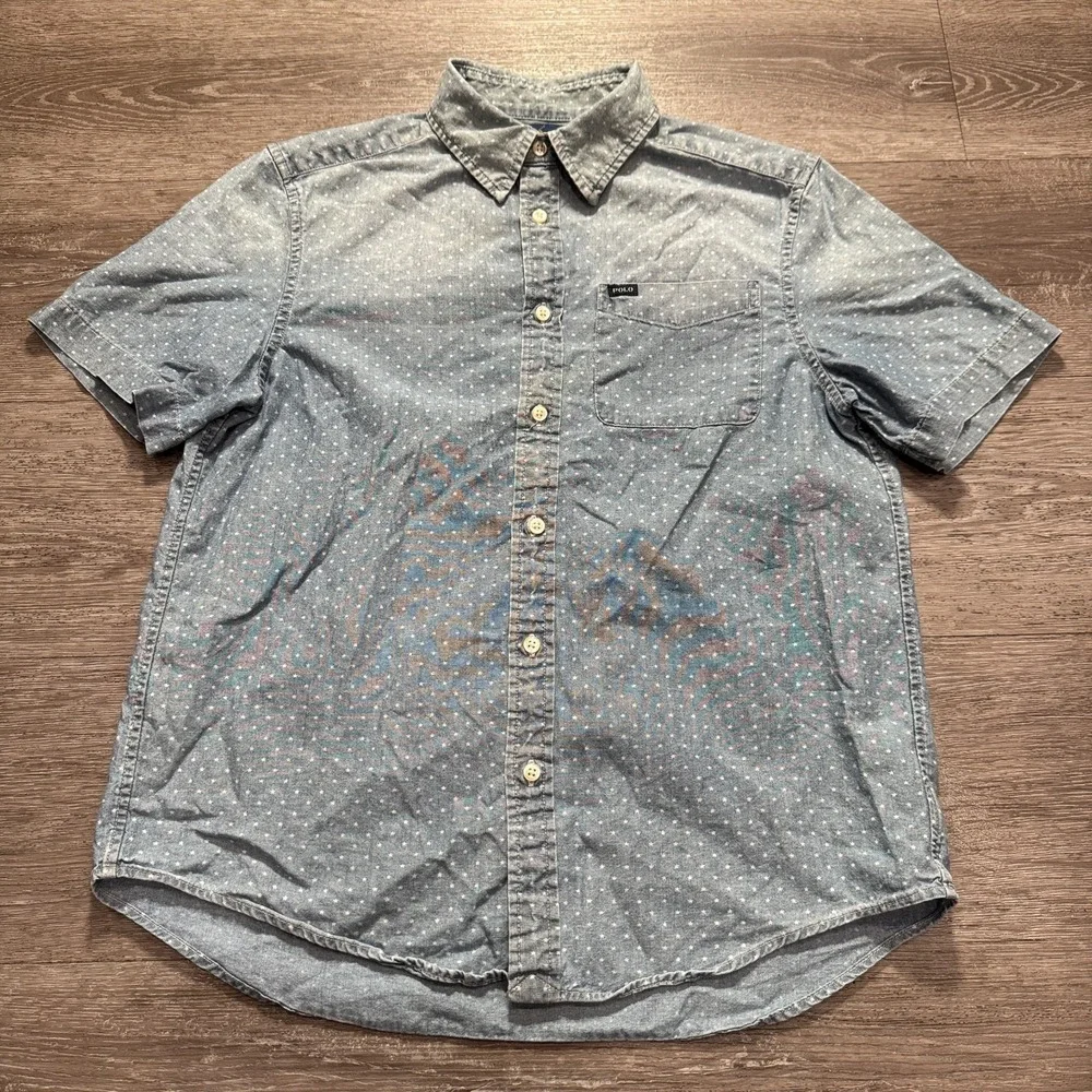 Ralph‎ Lauren Shirt Boys Large 14-16 Blue Chambray Button Up Polkadot Pocket